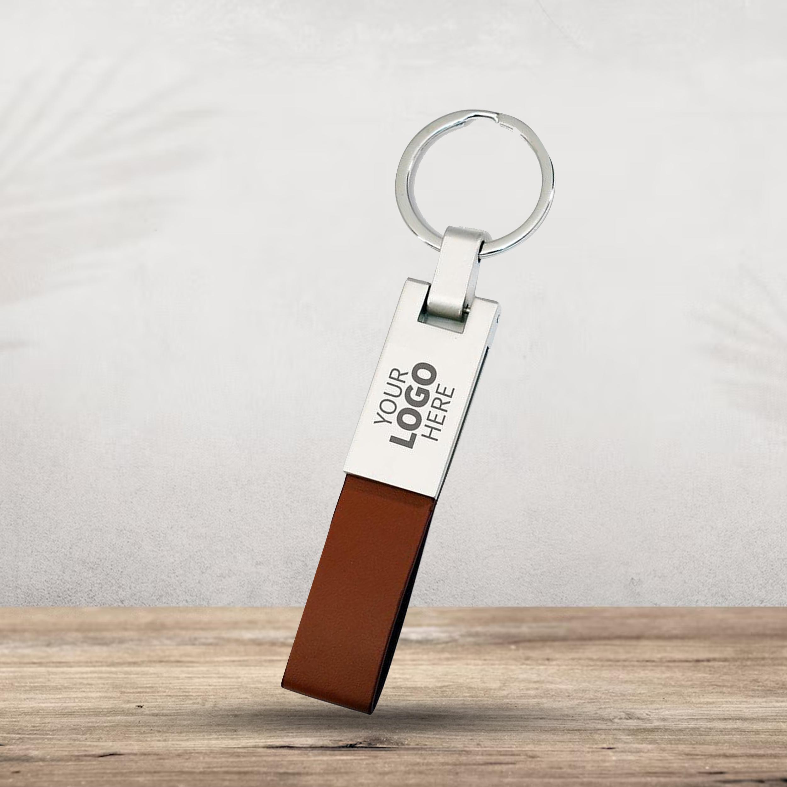 RECTANGULAR METAL KEYCHAIN WITH BROWN LEATHER STRAP